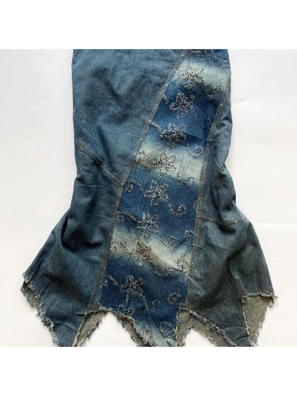 Y2K Sequin Embellished Patchwork Denim Skirt